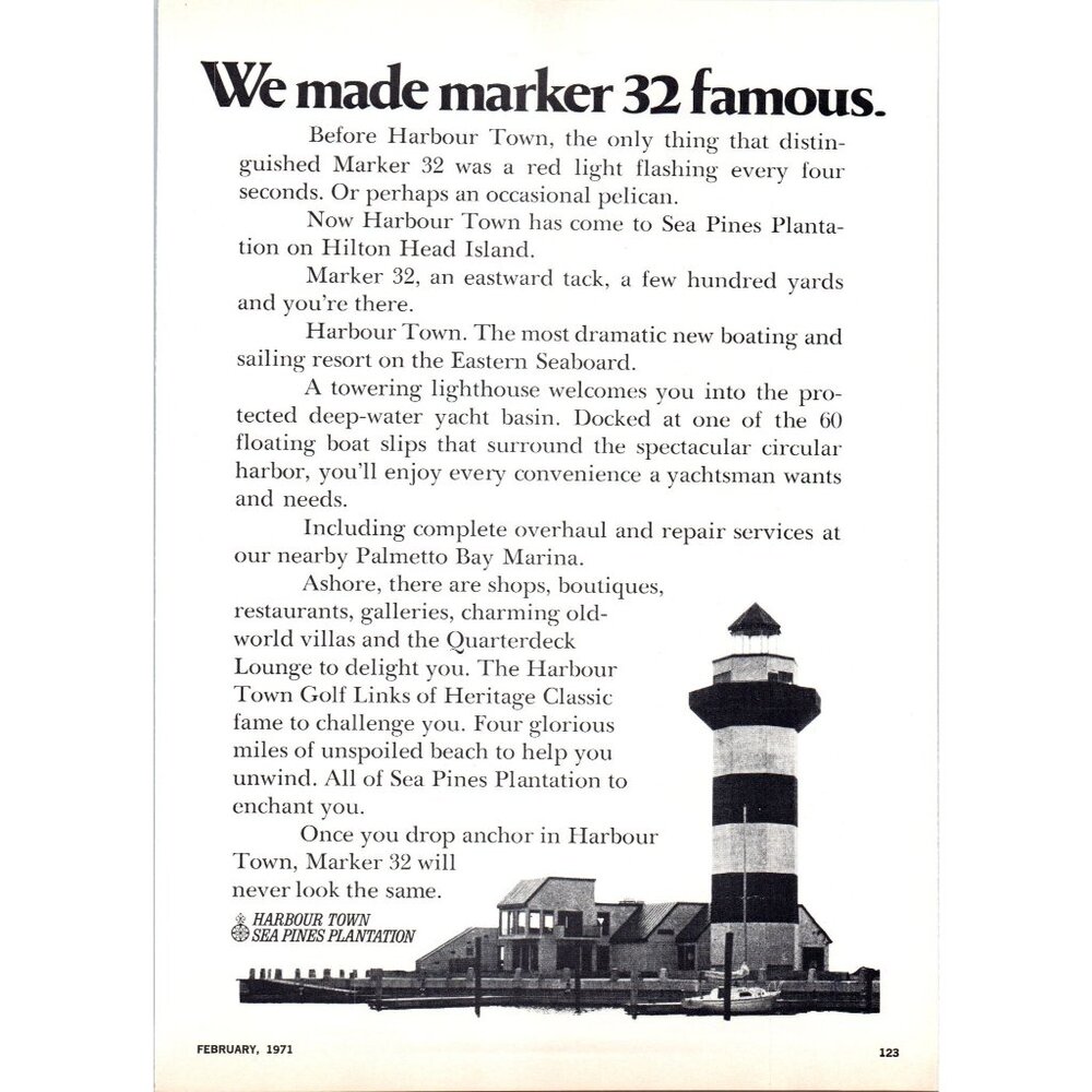 1971 Harbour Town Sea Pines Plantation Hilton Head SC Vintage Print Ad Wall Art